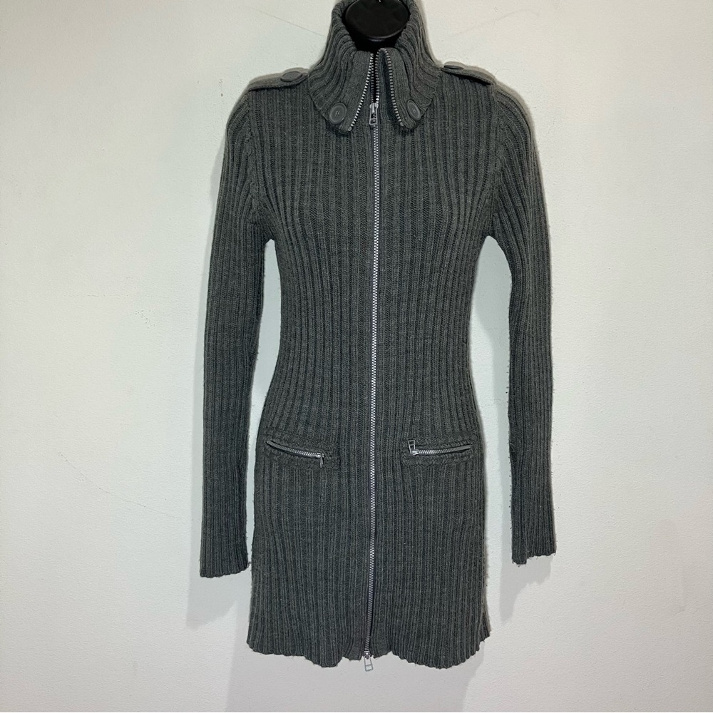 **SOLD** Take Out Gray Ribbed Knit Zip-Up Longline High Collar Sweater